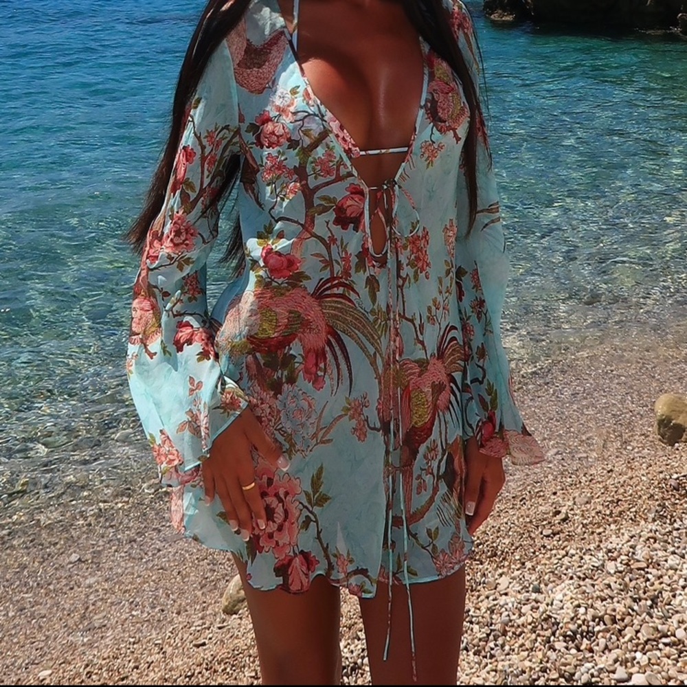 SKIMS Floral Swim Coverup in Blue and Pink